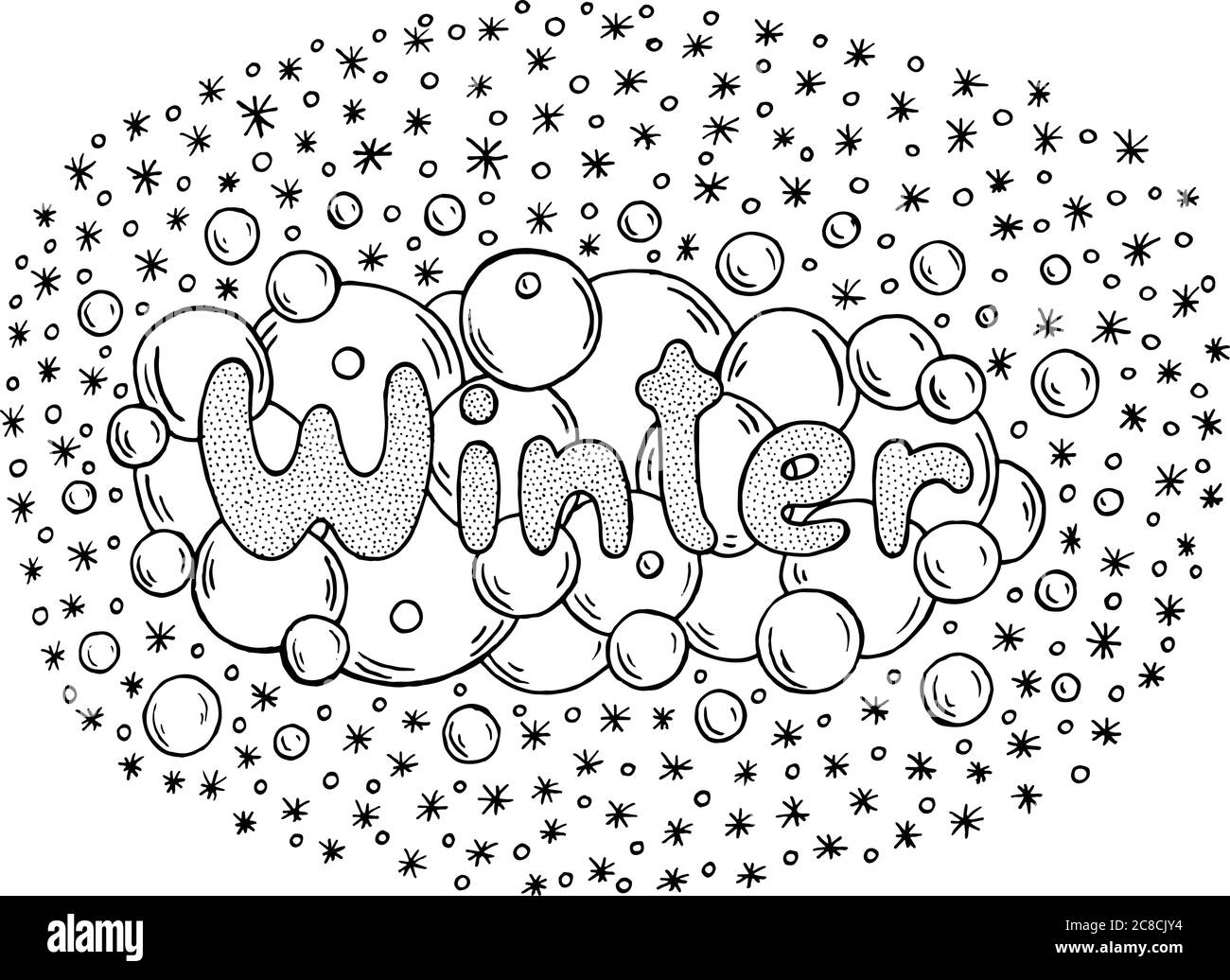Coloring page for adults with mandala and winter word doodle le stock vector image art