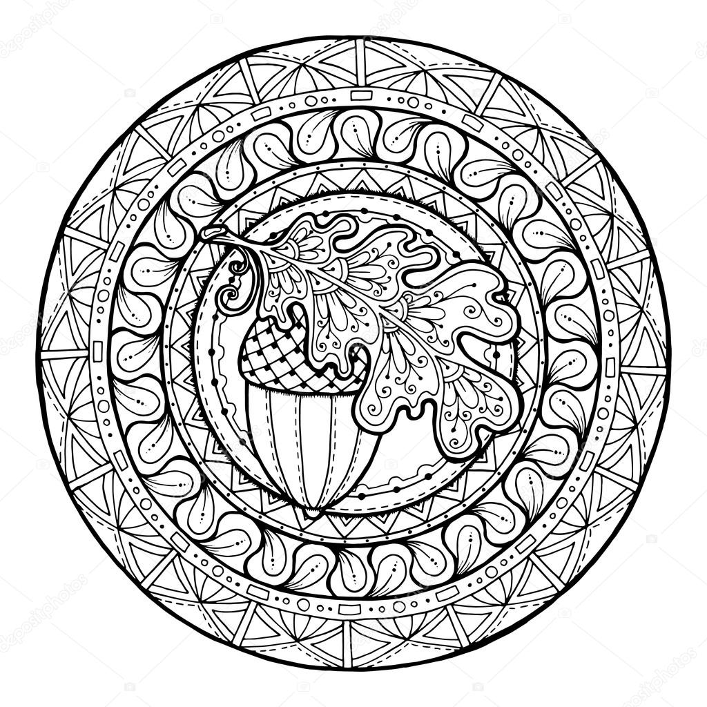 Circle autumn leaf ornament hand drawn art winter mandala made by trace from sketch black and white background zentangle pattern for coloring book for adults and kids stock vector by juliasnegireva