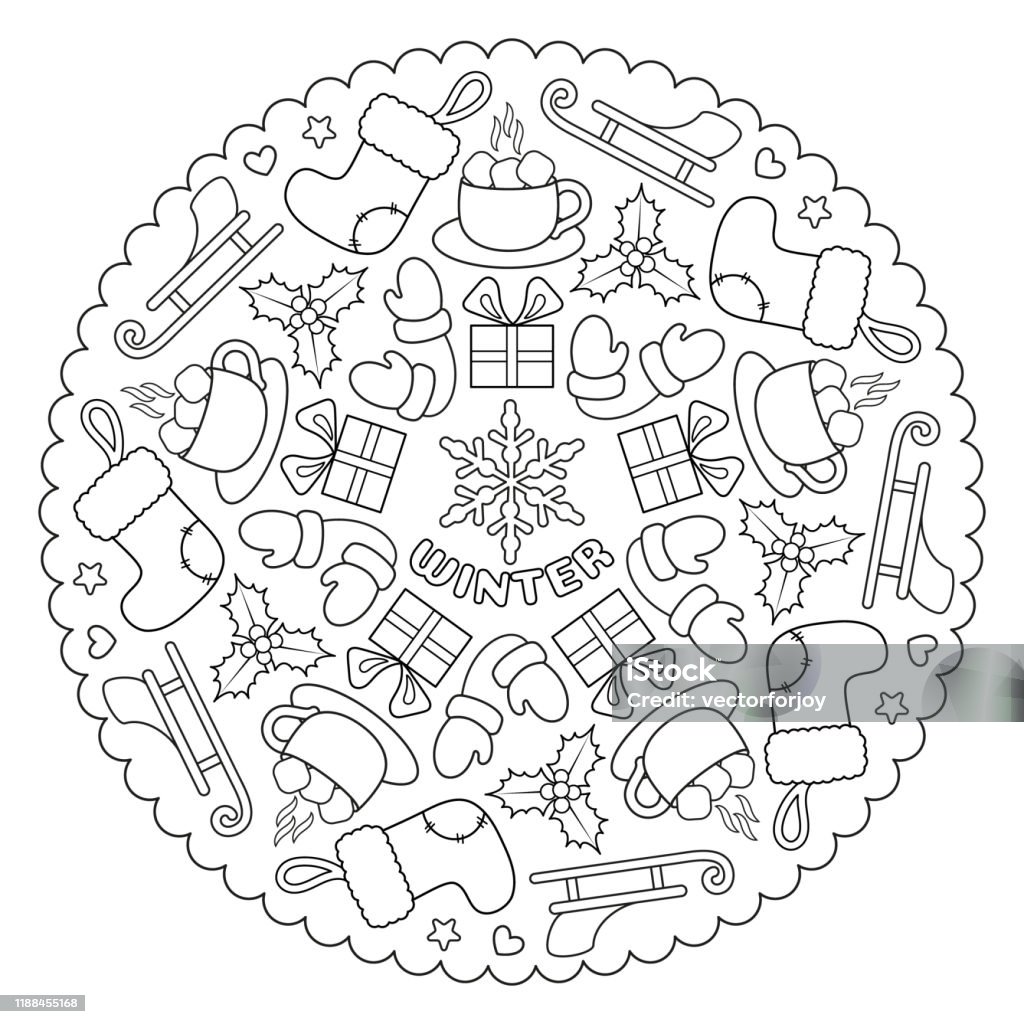 Coloring page mandala for kids with winter christmas and happy new year sledge mittens cup cocoa marshmallow gift sock snowflake vector illustration stock illustration