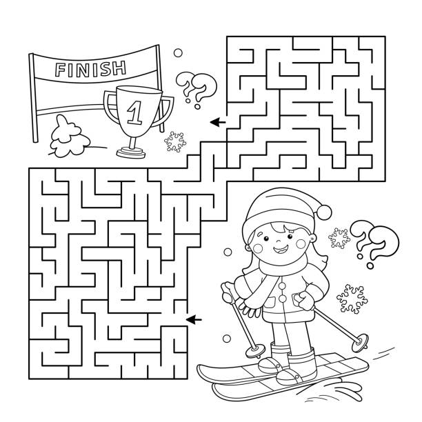 Maze or labyrinth game puzzle coloring page outline of cartoon girl skiing winter sports coloring book for kids stock illustration