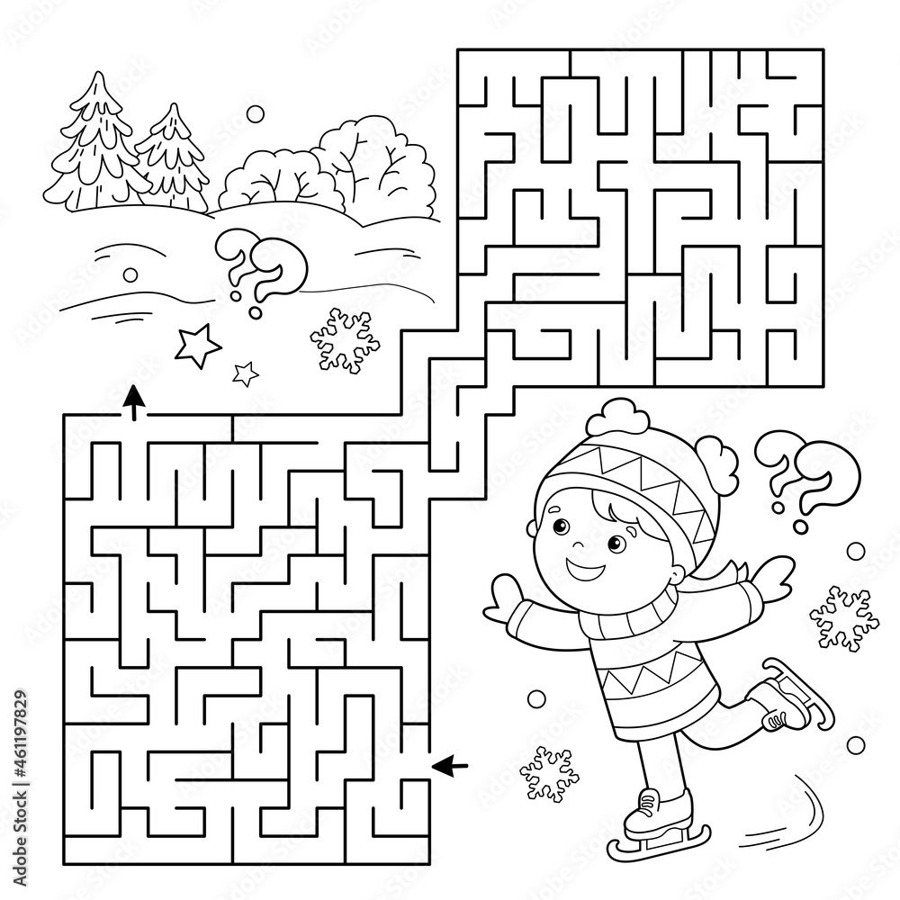 Maze or labyrinth game puzzle coloring page outline of cartoon girl skating winter sports coloring book for kids vector
