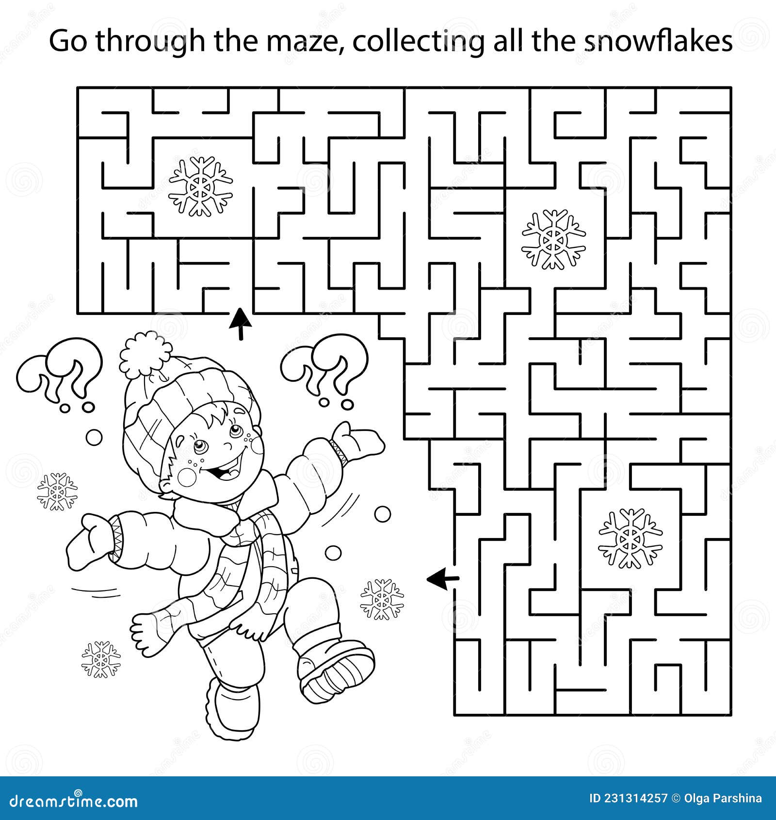 Maze or labyrinth game puzzle coloring page outline of cartoon boy jumping for joy first snow winter stock vector