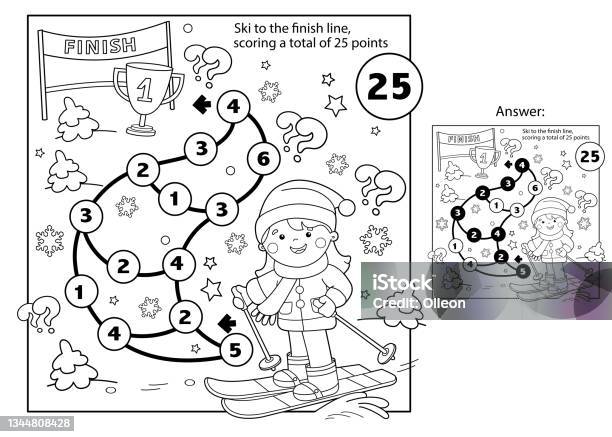 Math addition game puzzle for kids maze coloring page outline of cartoon girl skating winter sports coloring book for children stock illustration