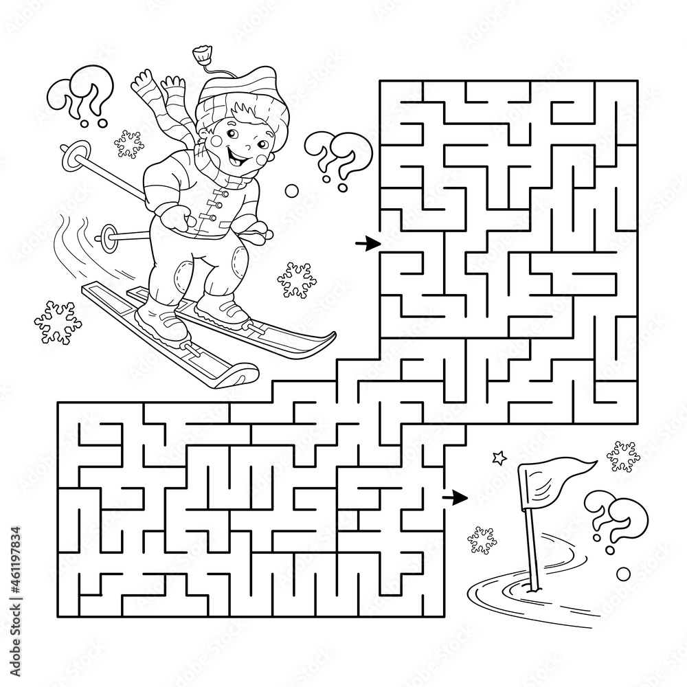 Maze or labyrinth game puzzle coloring page outline of cartoon boy skiing winter sports coloring book for kids vector
