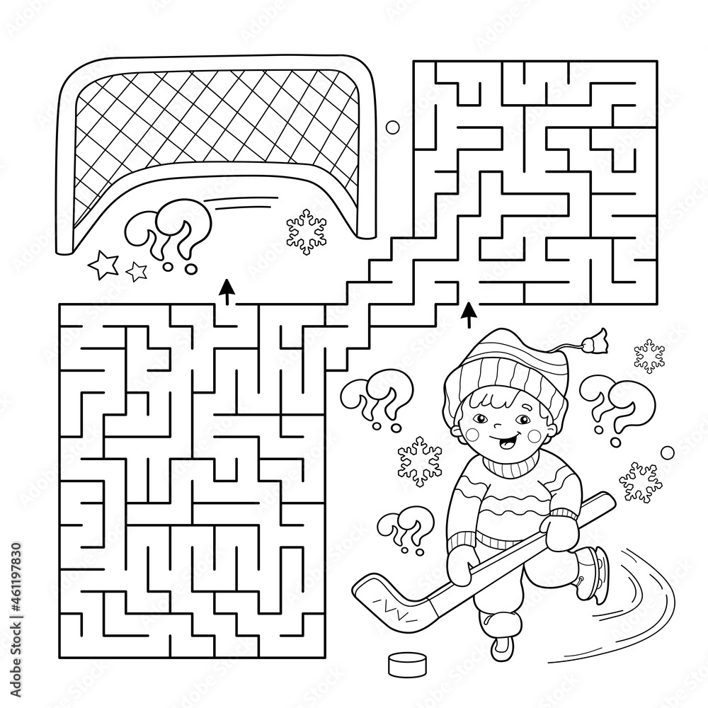 Maze or labyrinth game puzzle coloring page outline of cartoon boy playing hockey winter sports coloring book for kids vector