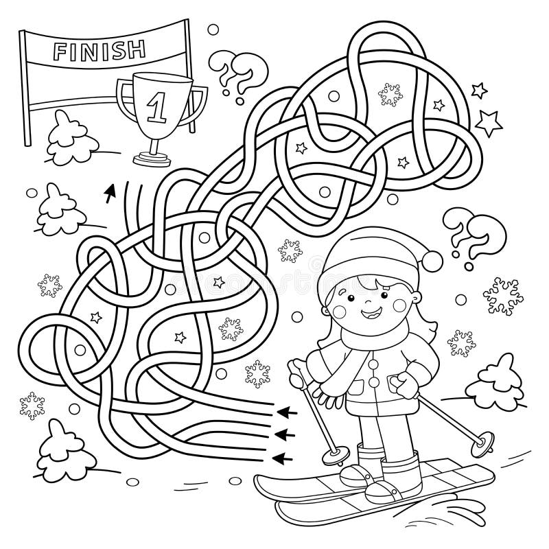 Maze or labyrinth game puzzle tangled road coloring page outline of cartoon girl skiing winter sports stock vector