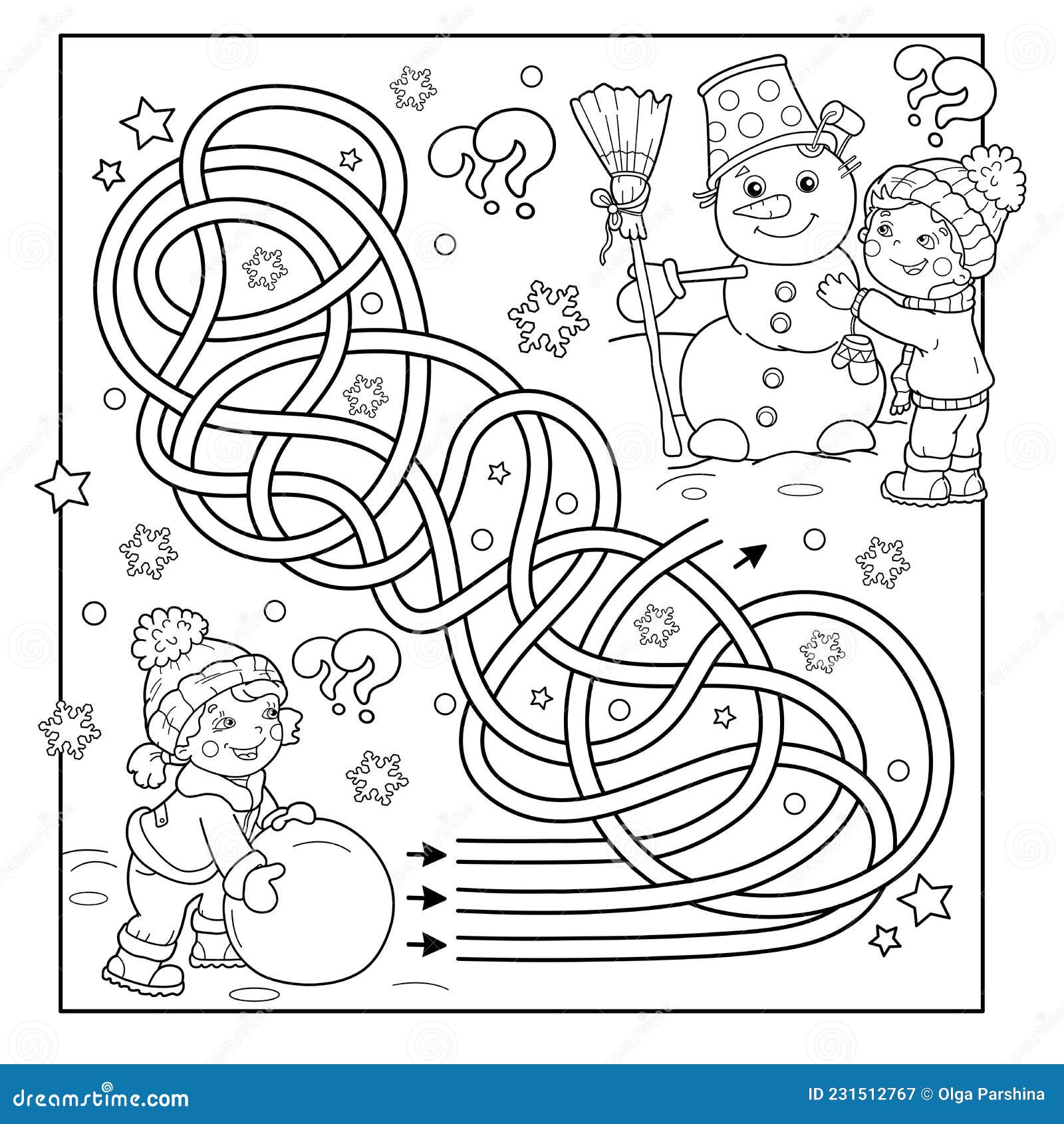 Maze or labyrinth game puzzle tangled road coloring page outline of cartoon boy with girl making snowman together winter stock vector