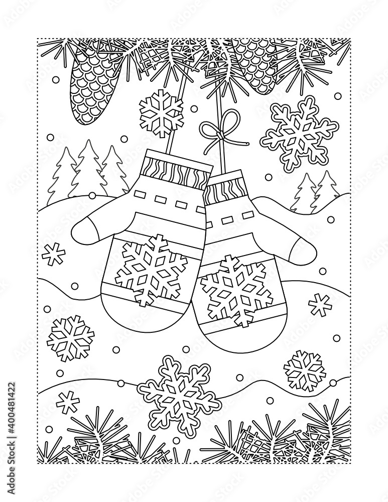 Mittens lost by santa or somebody else in winter forest coloring page or black and white illustration vector