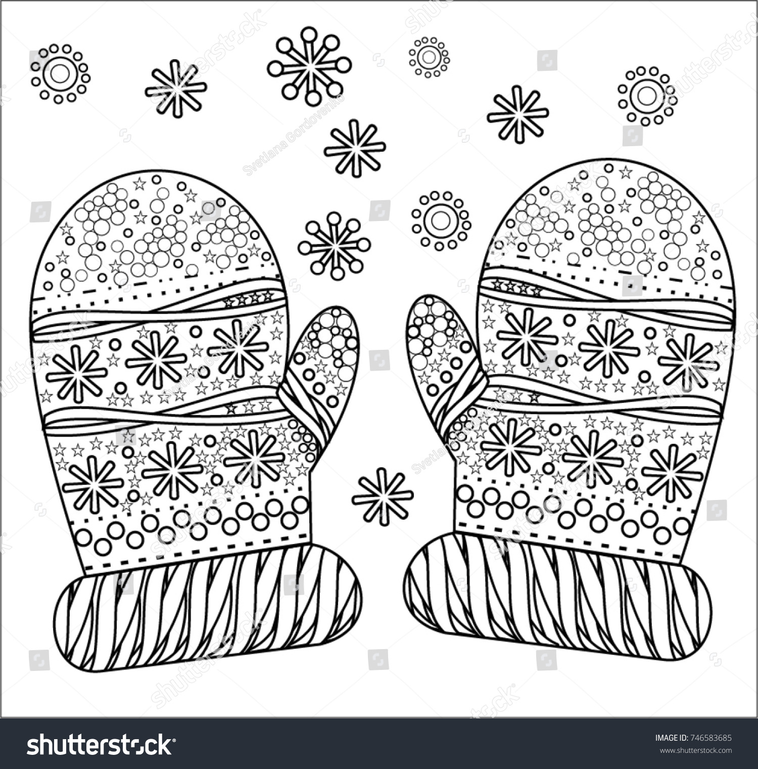 Knitted mittens snowflakes pattern adult coloring stock vector royalty free