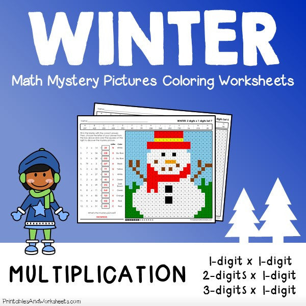 Winter multiplication mystery pictures coloring worksheets