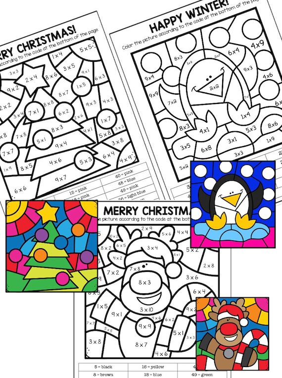 Christmas winter multiplication color by number