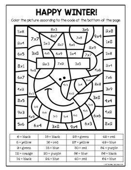 Christmas winter multiplication facts color by number by co activity multiplication christmas math worksheets christmas multiplication
