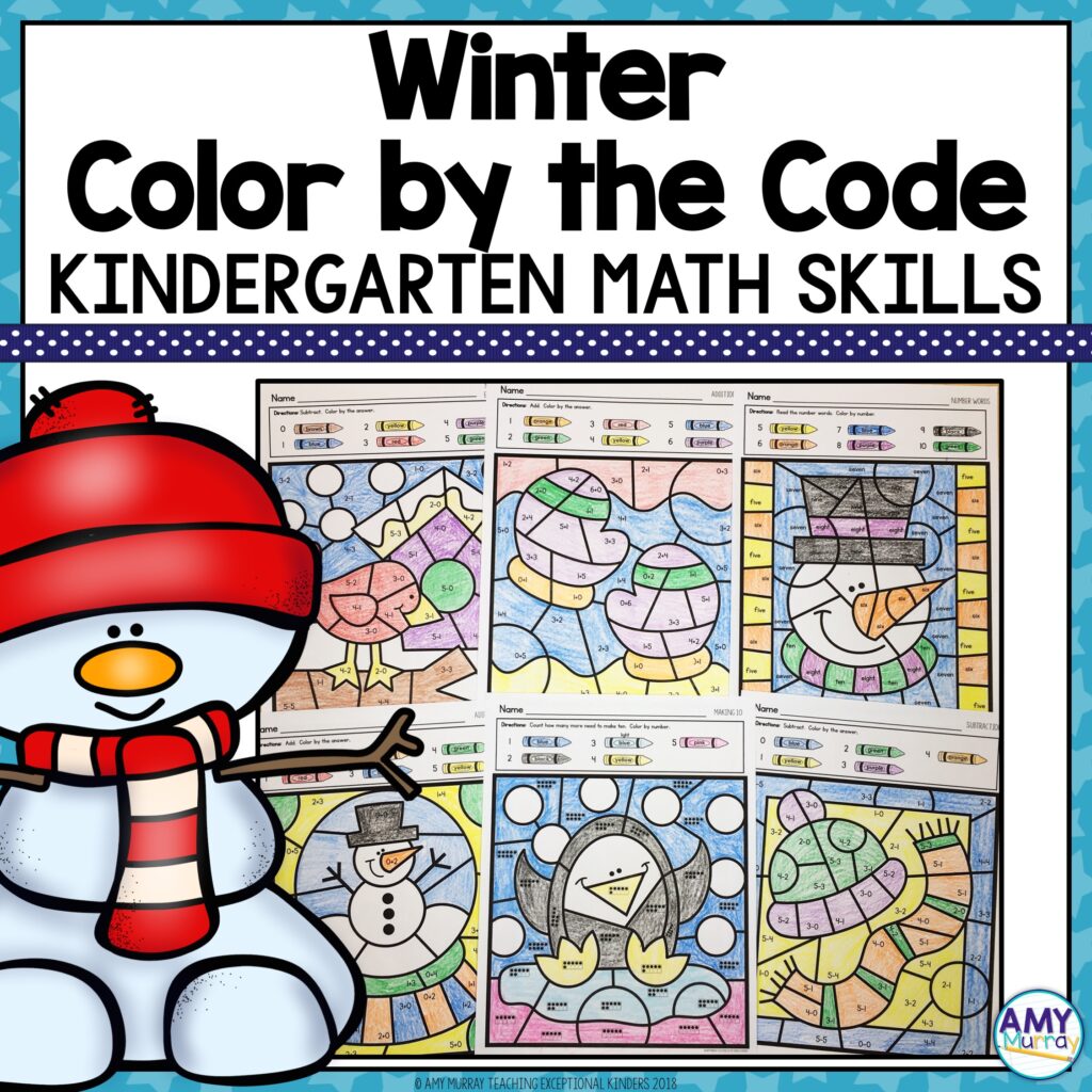 Winter color by number math worksheets