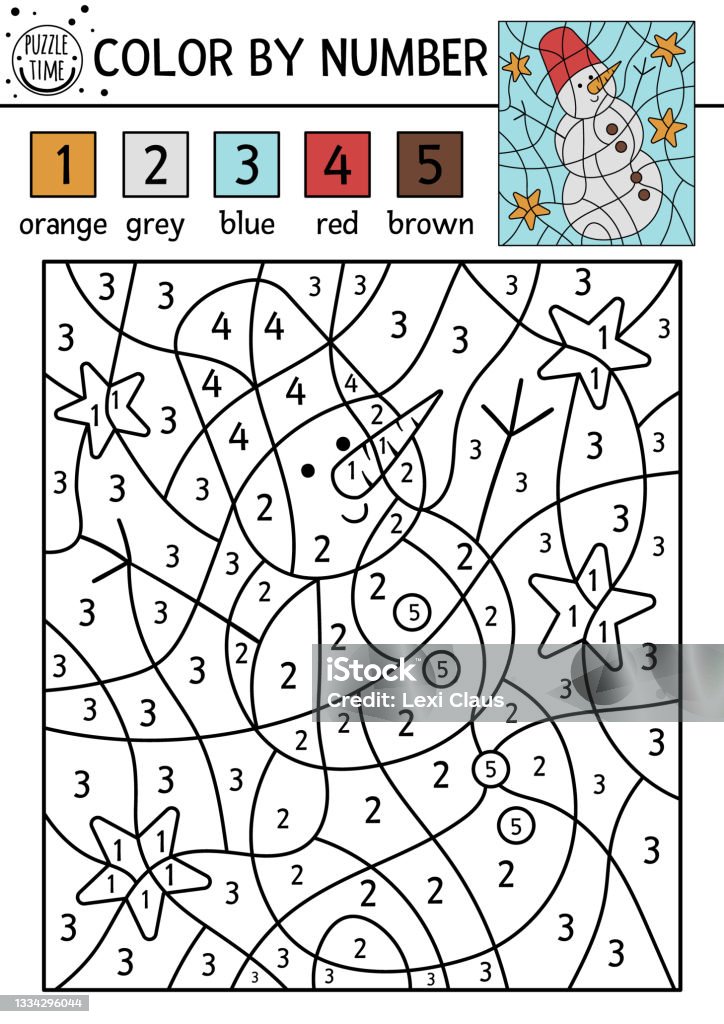 Vector christmas color by number activity with snowman and stars winter holiday coloring and counting game with cute snow man funny new year coloration page for kids stock illustration