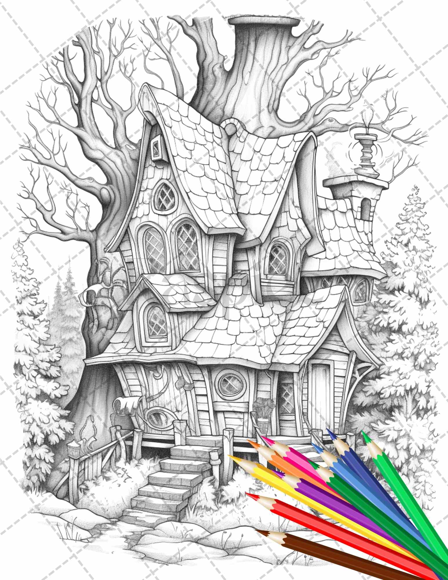 Winter fairy houses grayscale coloring pages printable for adults â coloring