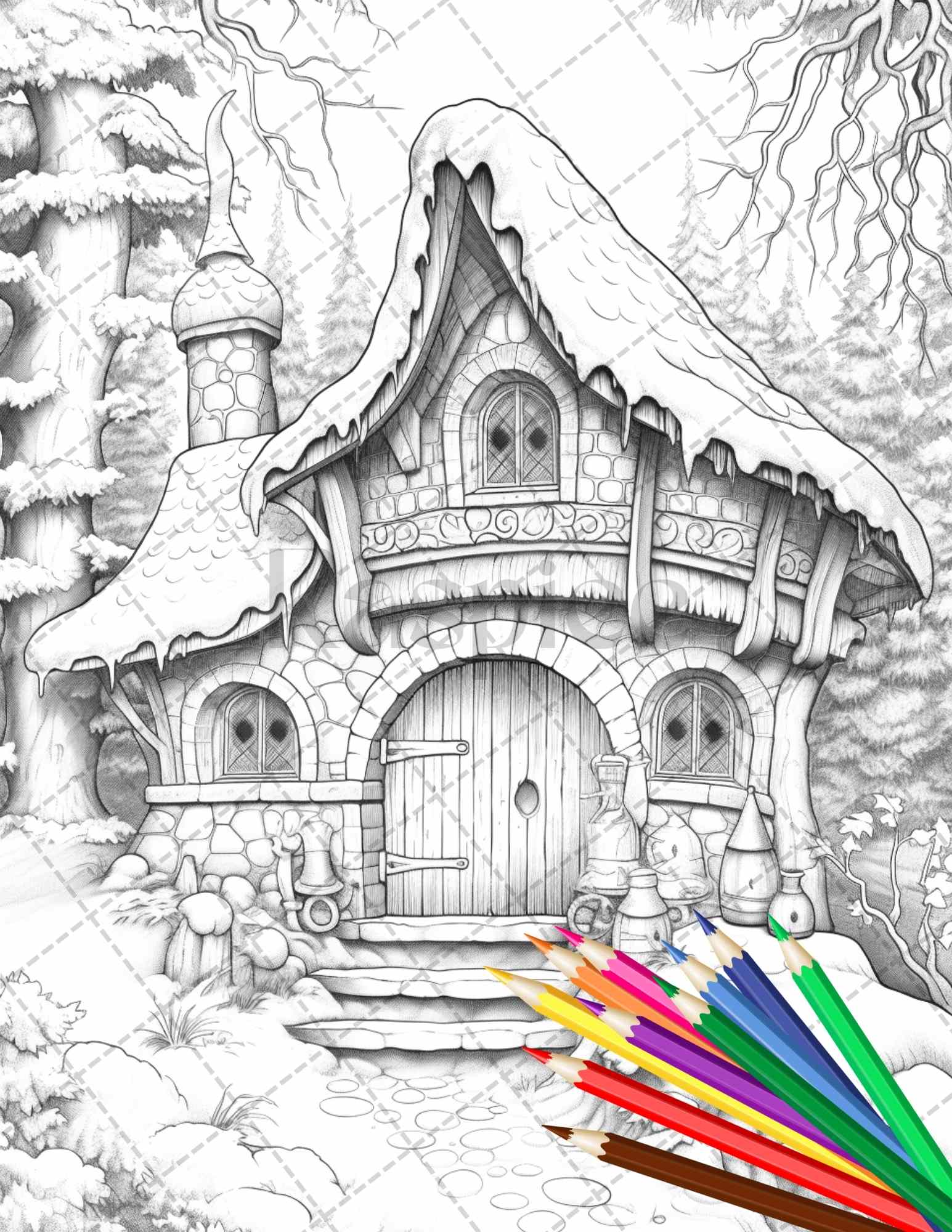 Winter fairy houses grayscale coloring pages printable for adults â coloring