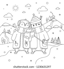 Stock vektor âcute winter penguin couple on northâ bez autorskãch poplatkå