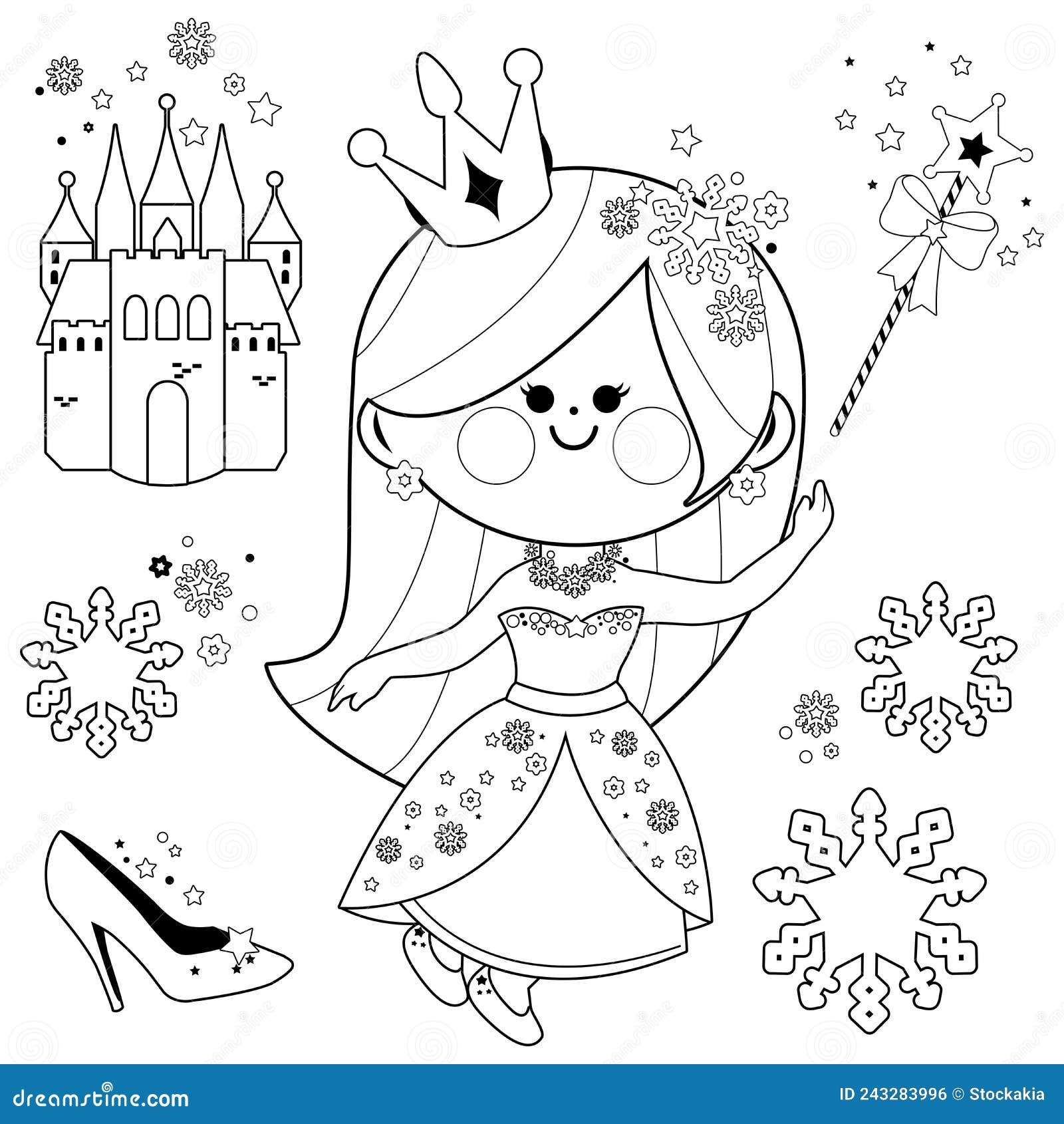 Beautiful snow princess and castle vector black and white coloring page stock vector