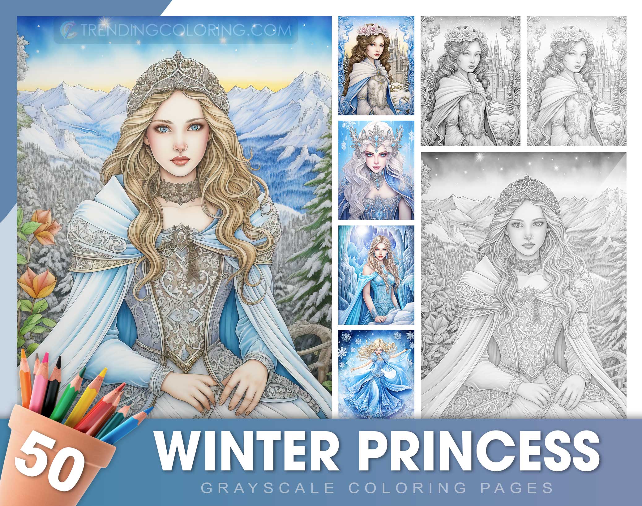 Winter princesses grayscale coloring pages
