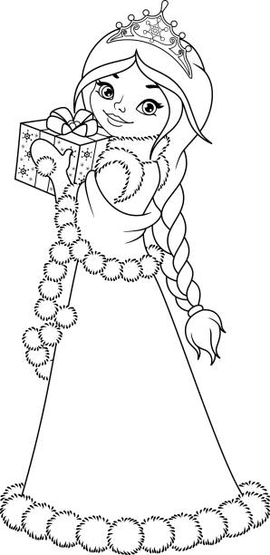 Winter princess with a gift coloring page stock illustration