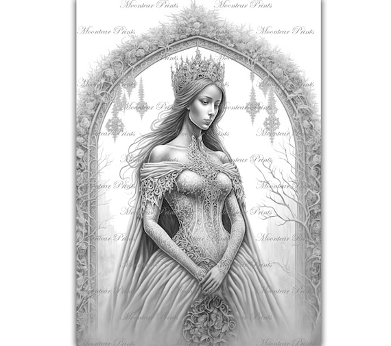 Grayscale winter princess coloring page vintage style illustration printable pdf coloring page for kids and adults ai generated image