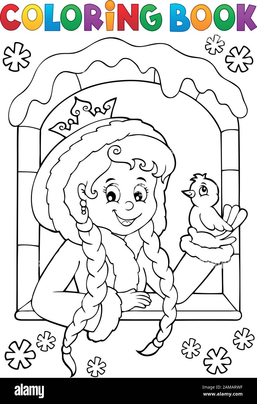 Coloring book princess in winter window