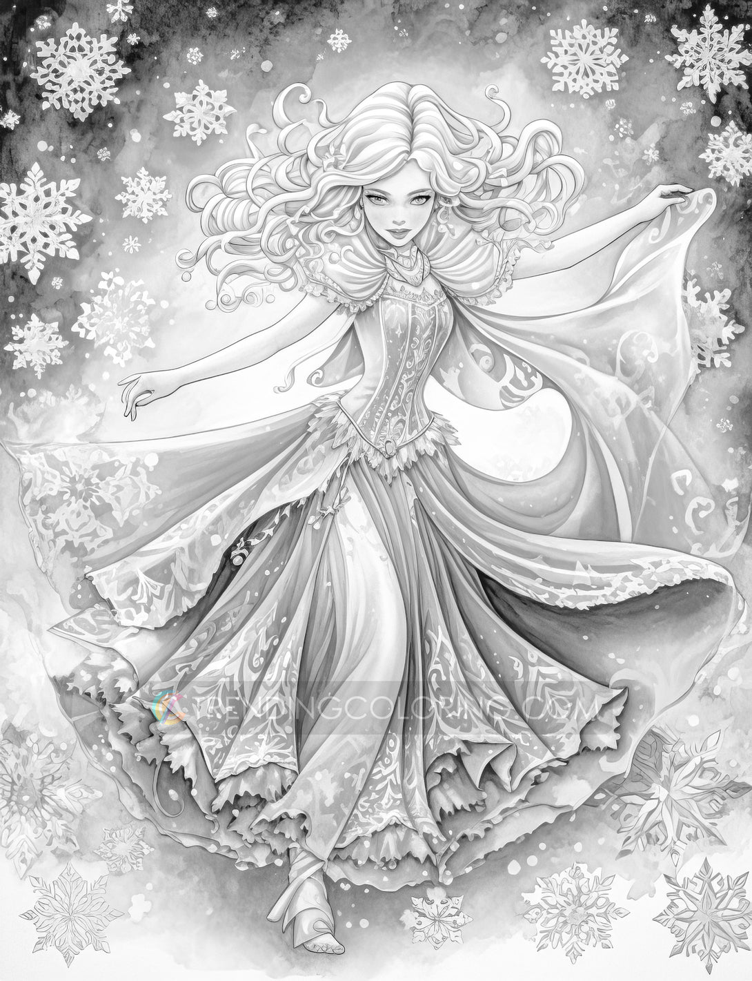 Winter princesses grayscale coloring pages