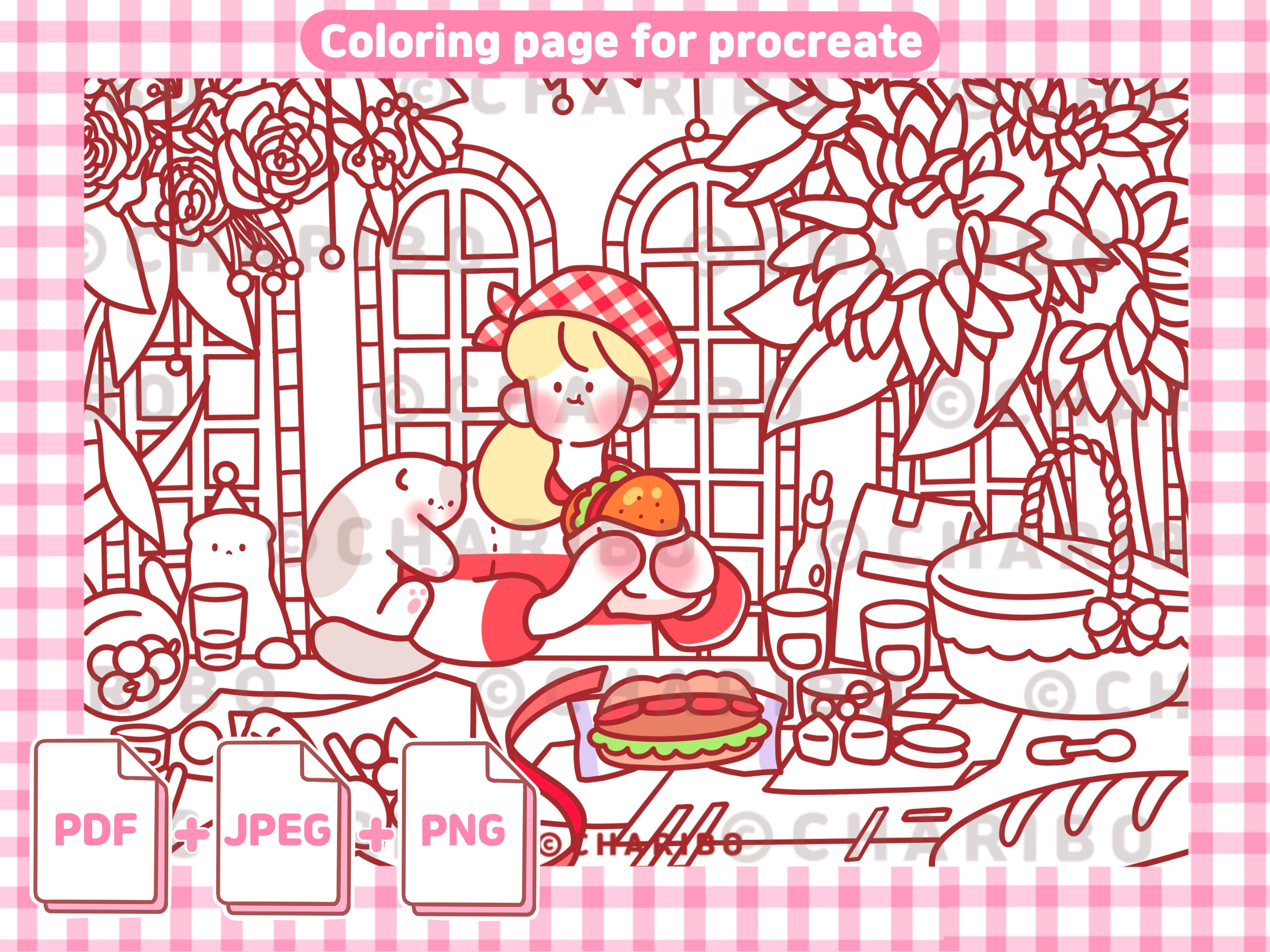 Picnic digital coloring pages printable coloring pages adult kids coloring sheet coloring template ipad coloring template