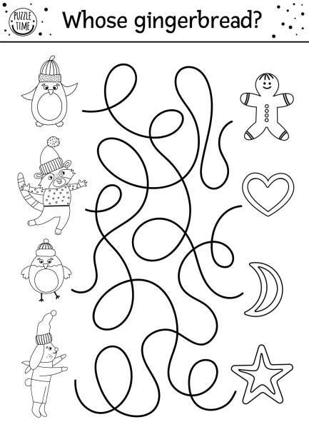 Christmas black and white maze for children winter new year preschool printable educational activity funny holiday game or puzzle with cute animals and cookies whose gingerbread christmas maze for children stock illustration