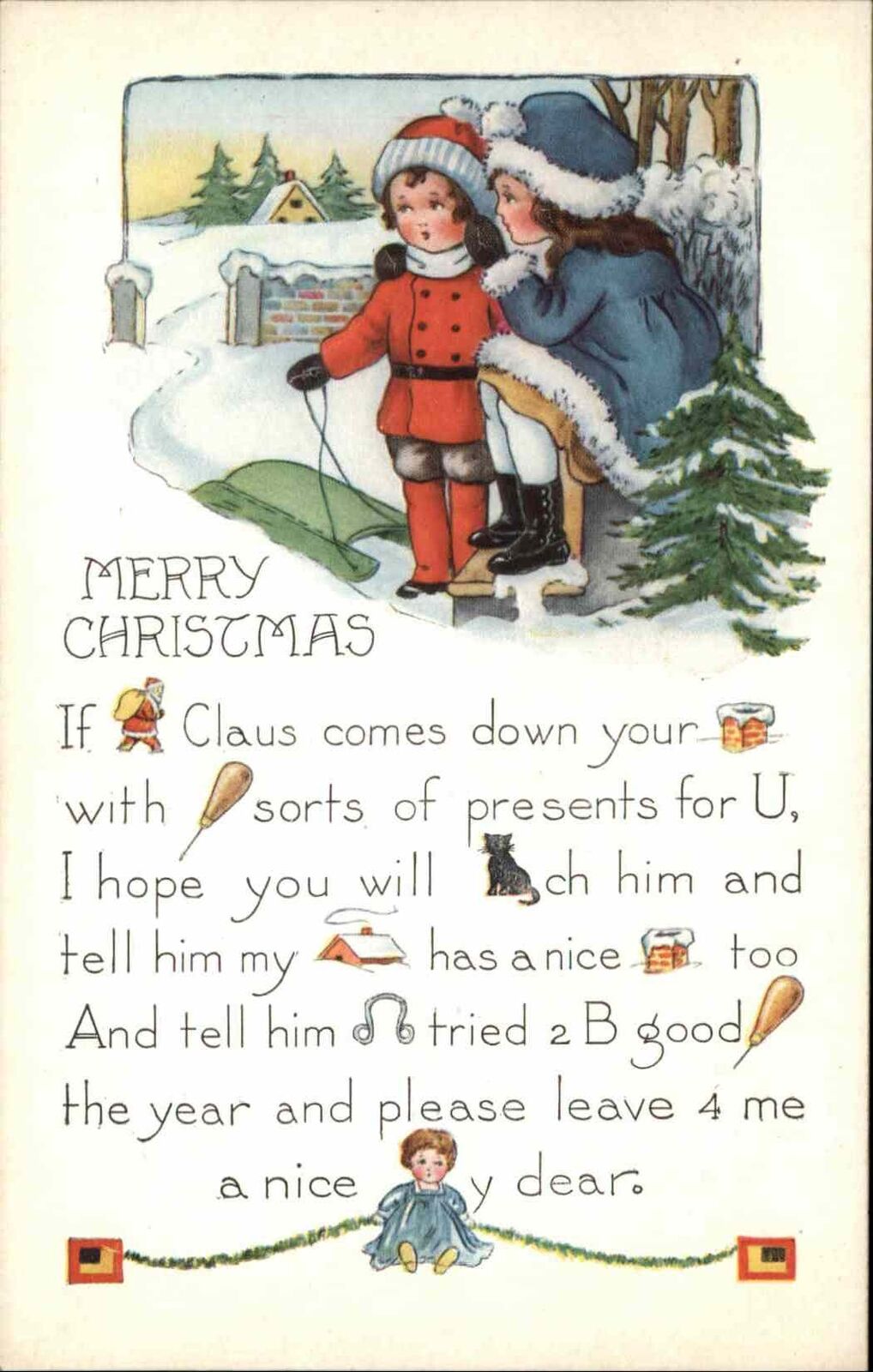 Christmas children in snow sled rebus picture puzzle c whitney postcard â st johns institute hua ming