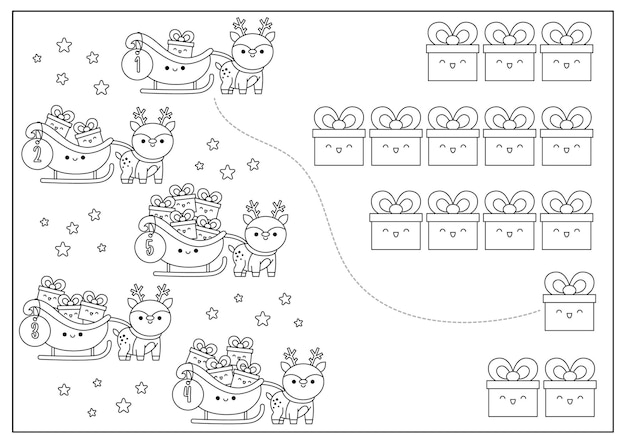 Premium vector christmas black and white matching game with cute kawaii deer sledge presents winter holiday line math activity for preschool kids educational printable new year counting coloring page