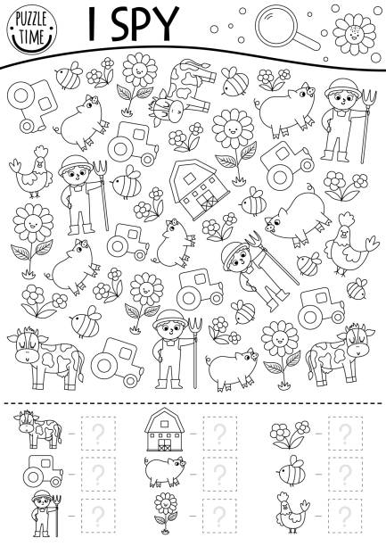 On the farm black and white i spy game for kids searching and counting line activity with farmer tractor barn cow rural village printable coloring page simple country farm puzzle stock illustration