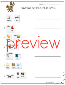 Winter christmas rebus picture puzzles brain teasers printable worksheet