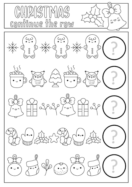 Premium vector what es next christmas black and white matching activity for preschool children with holiday symbols funny line kawaii puzzle winter new year logical coloring page continue the row