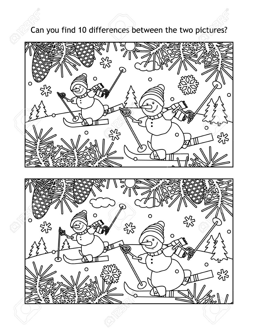 Winter sports winter holidays new year or christmas find the ten differences picture puzzle and coloring page with skiing snowmen royalty free svg cliparts vectors and stock illustration image