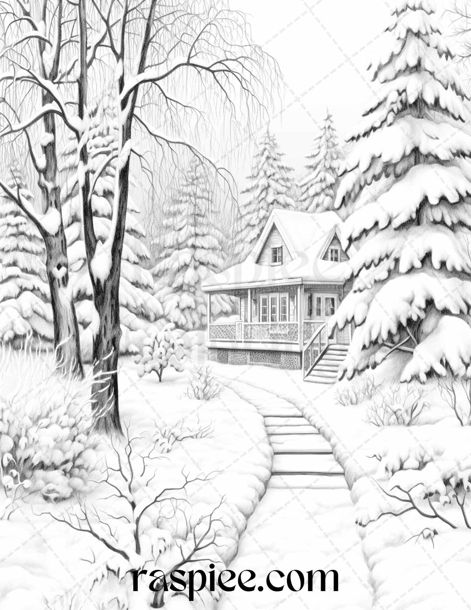 Winter scenery grayscale coloring pages printable relaxing snowy land â coloring