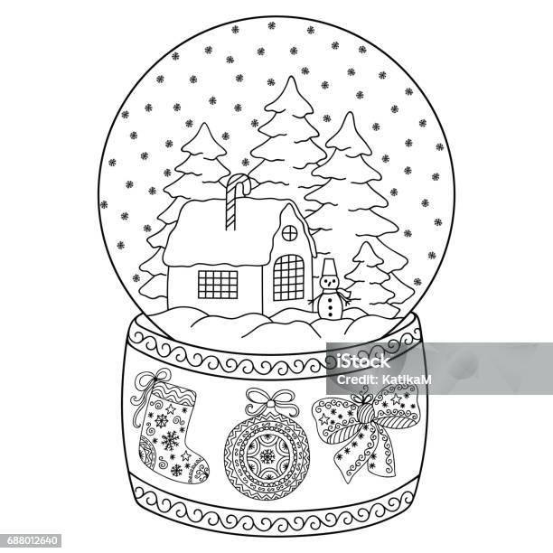 Toy glass snow globe with house coloring book page for adults and children winter decorative pattern house snow christmas trees snowman bow ball stocking stock illustration