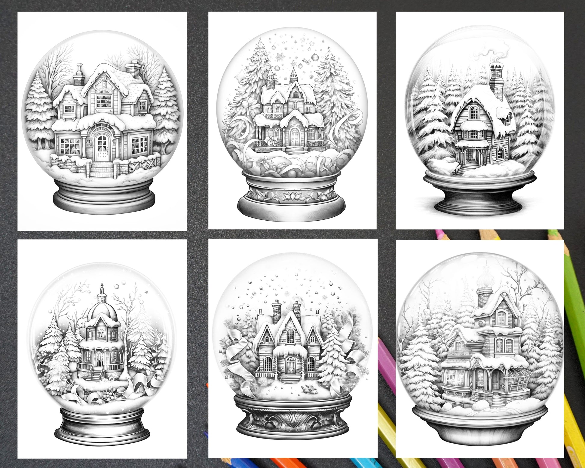 Cozy cabin in snow globe grayscale coloring pages printable for adults â coloring