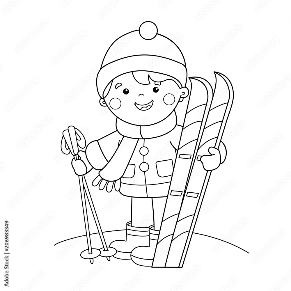 Coloring page outline of cartoon boy with skis winter sports coloring book for kids vector