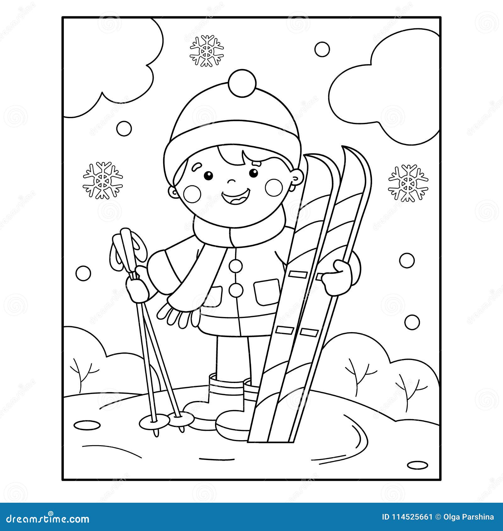 Coloring page outline of cartoon boy with skis winter sports stock vector