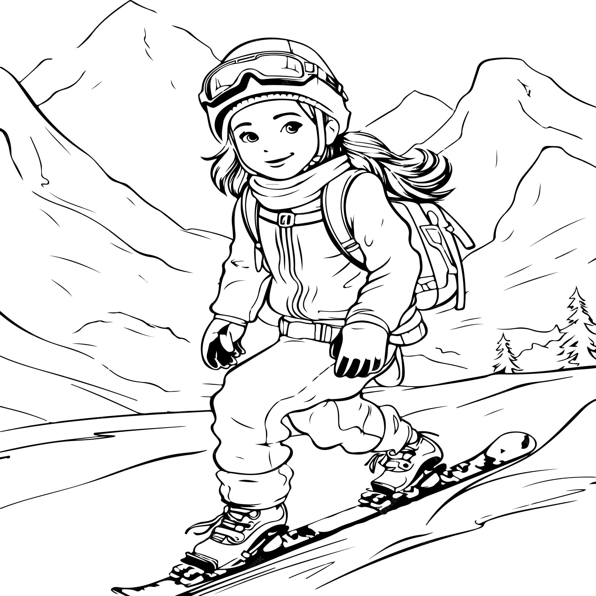 Premium vector coloring page depicting a girl playing winter sports