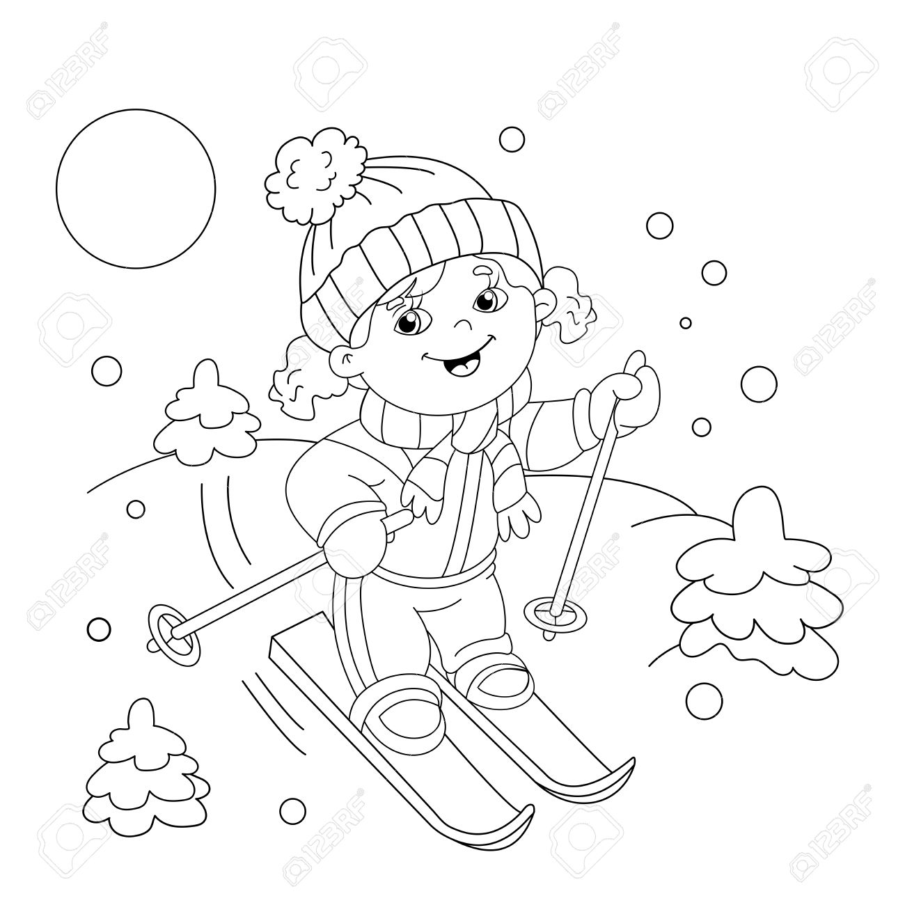 Coloring page outline of cartoon girl riding on skis winter sports coloring book for kids royalty free svg cliparts vectors and stock illustration image