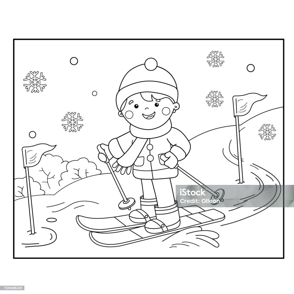 Coloring page outline of cartoon boy skiing winter sports coloring book for kids stock illustration