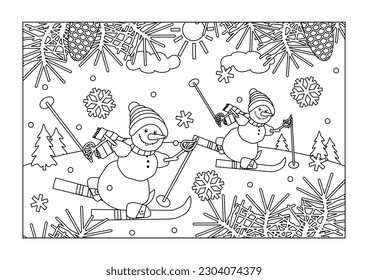 Coloring page winter sports snowmen skiing stock illustration