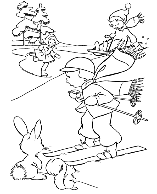 Classic coloring page with kids in winter