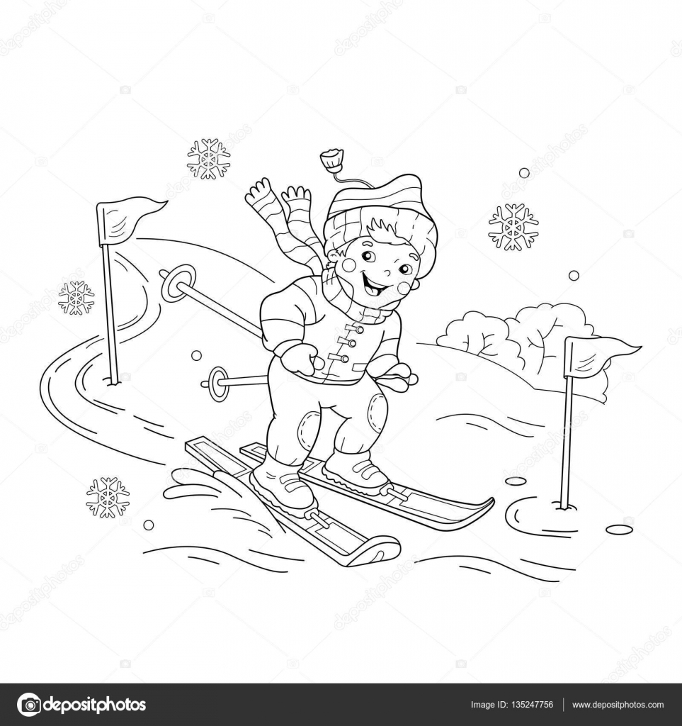 Coloring page outline of cartoon boy riding on skis winter sports coloring book for kids stock vector by oleon