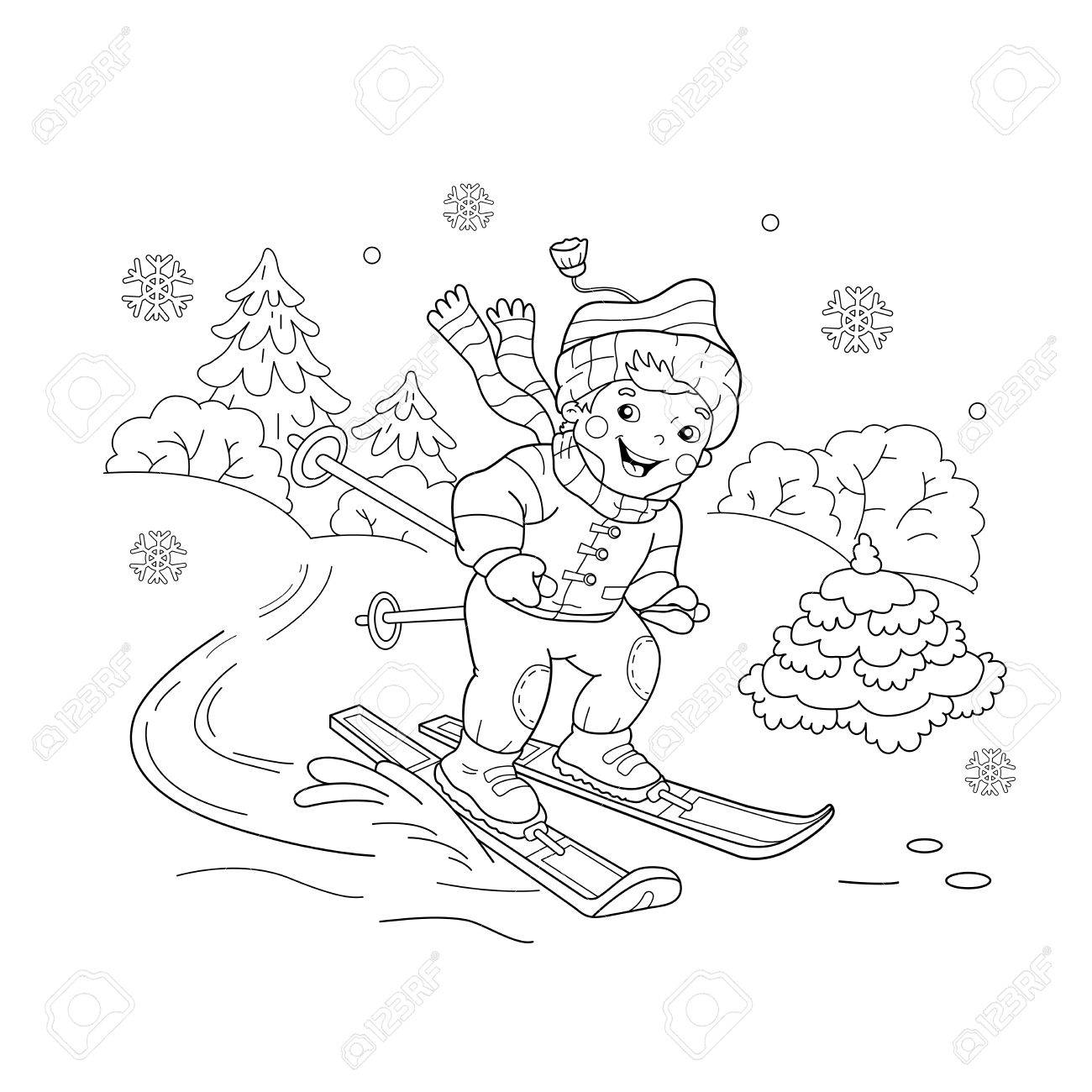 Coloring page outline of cartoon boy riding on skis winter sports coloring book for kids royalty free svg cliparts vectors and stock illustration image