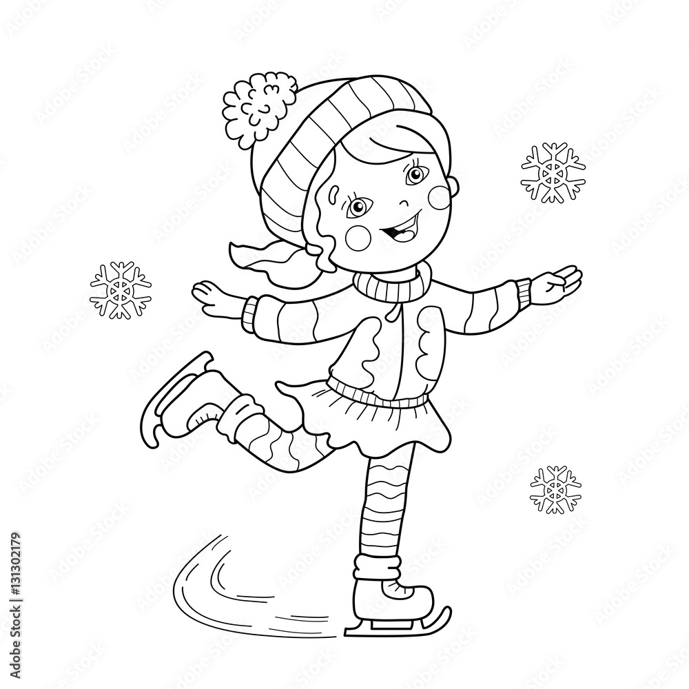 Coloring page outline of cartoon girl skating winter sports coloring book for kids vector