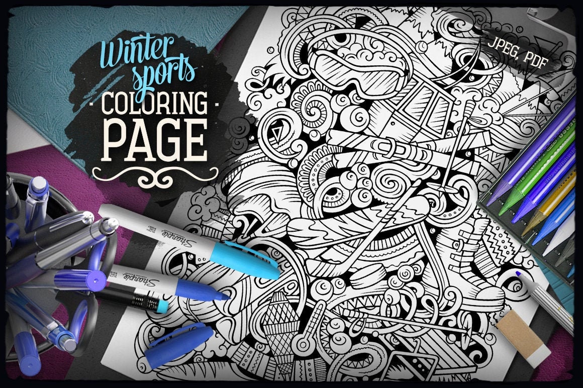 Winter sport digital coloring page sport doodle adult coloring book printable coloring sheet sport cartoon illustration digital download
