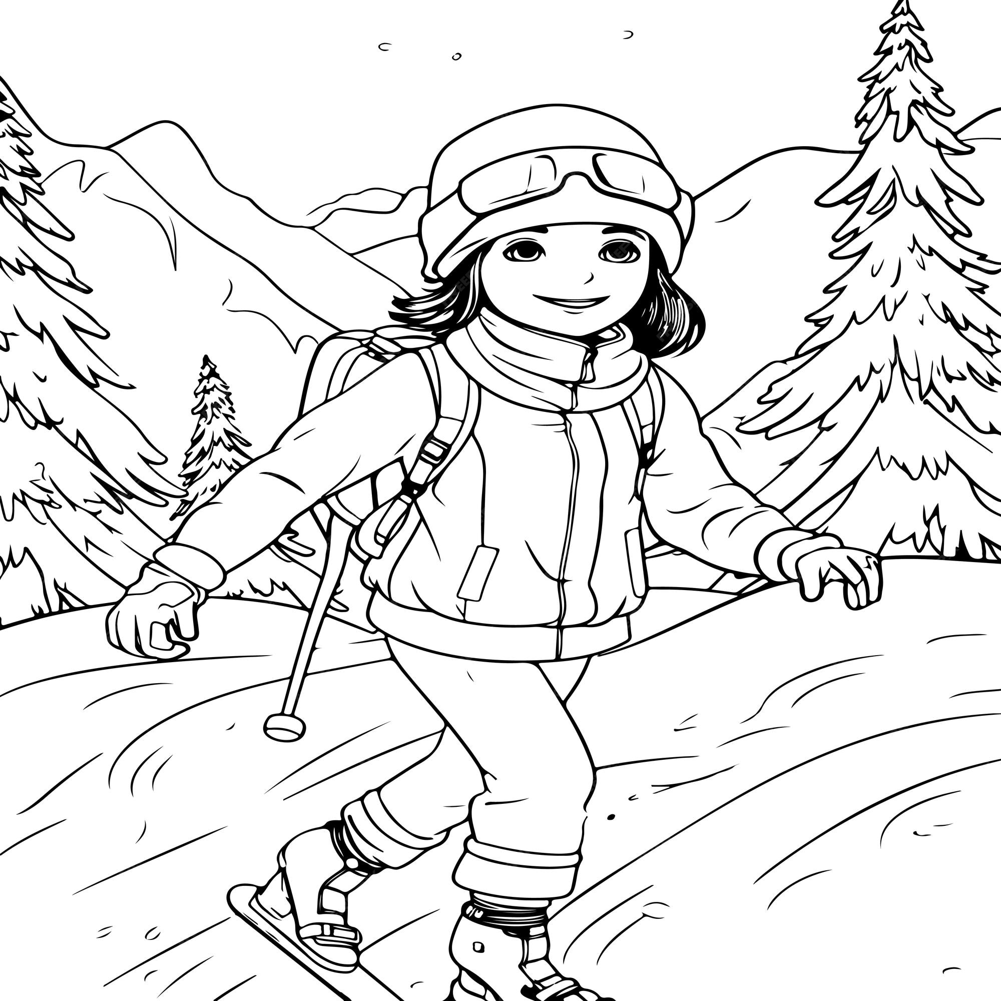 Premium vector coloring page depicting a girl playing winter sports